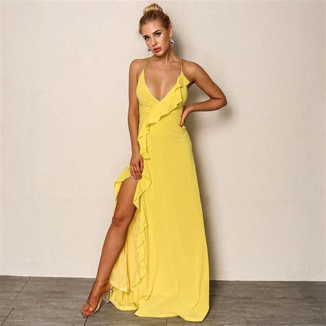 Yellow V Neck Elegant Ruffle High Slit Sexy Long Women Maxi Dress Spring Summer Dresses