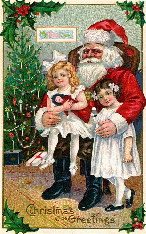 Vintage Christmas Card Depicting Two Victorian Girls With Santa Claus