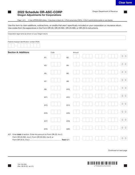 Form 150 102 033 Schedule Or Asc Corp Download Fillable Pdf Or Fill