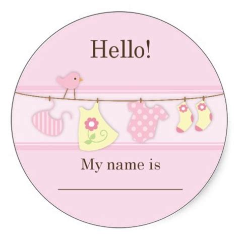 Baby shower name tags printable via. Pink Bird on a Clothesline Baby Shower Name Tag Sticker | Baby shower tags