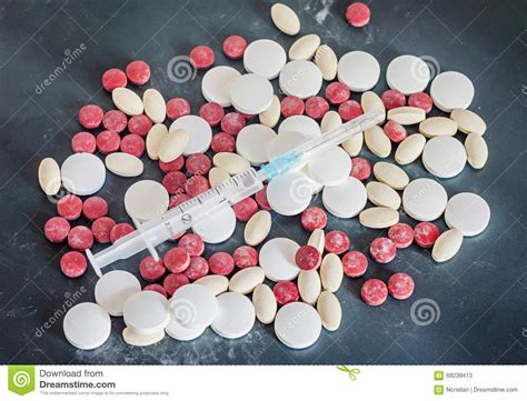 red white yellow drugs pills with syringe powder bunch stock image image of curative