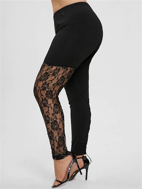 Off Plus Size Lace Up Lace Panel Leggings In Black Dresslily