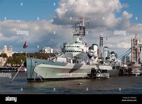 Hms Belfast And The Tower Bridge On The River Thames In London England