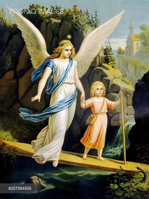 Guardian Angel Leading A Child Across A Bridge Print Around 1900 In