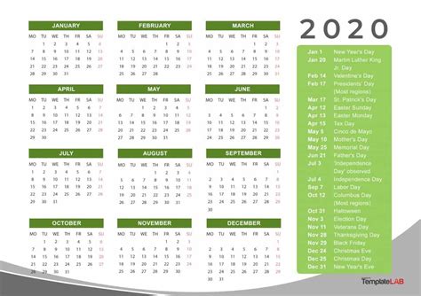 2020 Calendar With Federal Holidays Calendar Template Printable