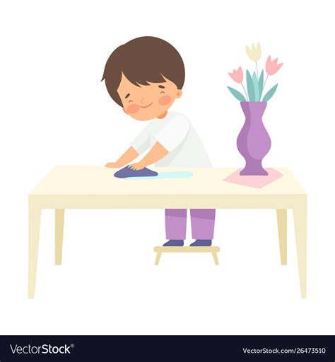 Boy Wiping Table With Rag Kid Helping With Home Vector Image