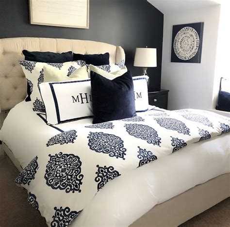 Pottery Barn Blue And White Bedding Bed Beige Upholstered Bed