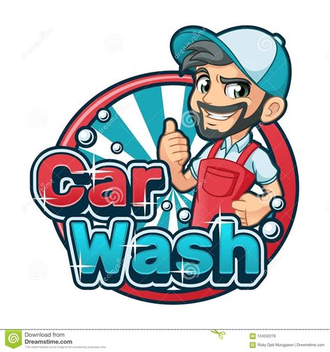 Car Wash Cartoon Logo With Man Using Car Wash Apron Stock Vector Illustration Of Pose Company