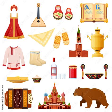 Set Of Traditional National Objects Russian Culture Landmarks Symbols