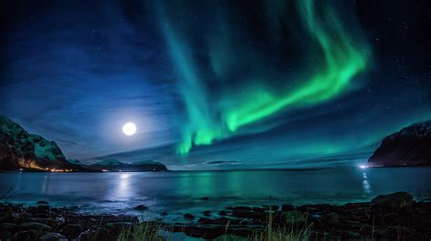 1366x768 Aurora Borealis Moon Night 1366x768 Resolution Hd 4k Wallpapers Images Backgrounds
