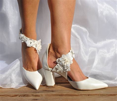Womens Bridal Block Heels Handmade White Heels Wedding Lace Shoesd