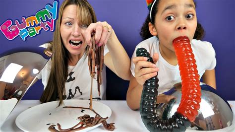 giant gummy worm candy challenge  super gross real food mommy freaks
