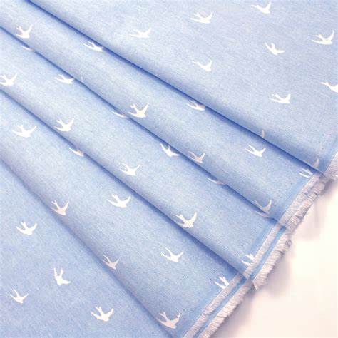 Chambray Cotton Fabric Pale Blue Swallows Birds Stars Stripes