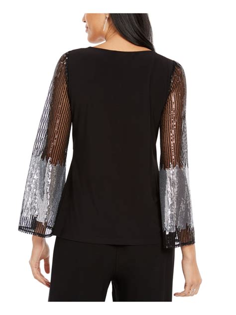 Msk Womens Black Sequined Long Sleeve Jewel Neck Evening Top Petites