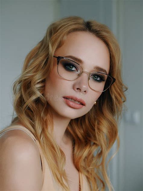 Headshot Of Happy Beautiful Blonde Woman In Glasses With Gorgeous Trendy Makeup Beauty Shiny