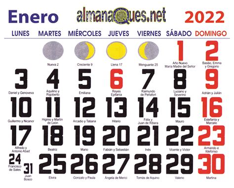 Calendario 2022 Con Santoral Y Lunas