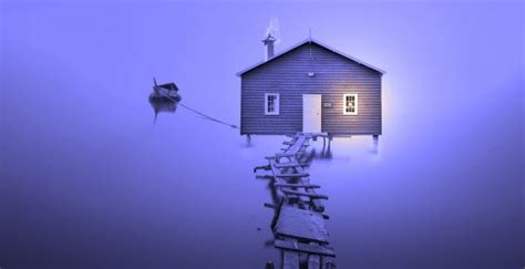 Desktop Wallpaper Lake House Boat Broken Birdge Violet Foggy Day