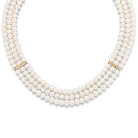 Triple Strand Freshwater Pearl Necklace 14k Yellow Gold 55 6mm