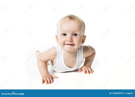 Cute Baby On The Ground Isolated On White Background Stock Photo