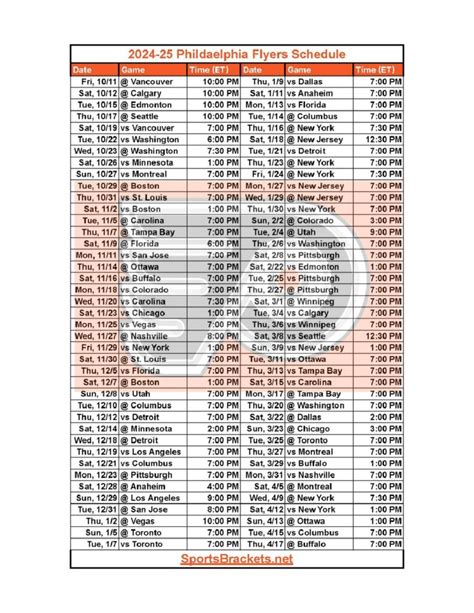 Philadelphia Flyers Schedule Printable Pdf Format Sports Brackets