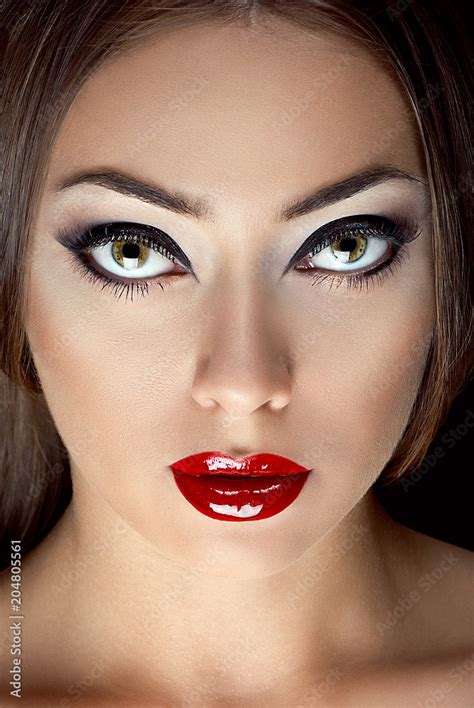 Sexy Beauty Girl With Glossy Red Lips And Expressive Eyes Stock Photo