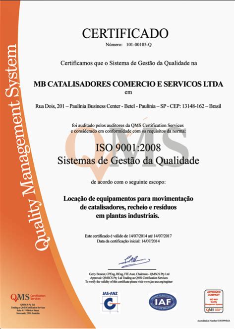 Certificação Iso 90012008 Sistema De Gestão Da Qualidade H2so4 Mb Consultores E Catalisadores