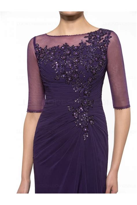 Half Sleeves Illusion Neckline Lace Chiffon Long Purple Mother Of The