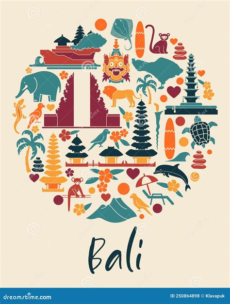 Map Of Bali Islands Indonesia With Traditional Symbols Of Architecture