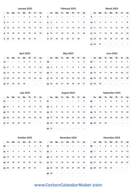 2025 One Page Yearly Calendar With Week Numbers 434