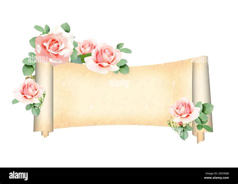 Horizontal Retro Banner With Branch Of Climbing Rose With Red Flowers