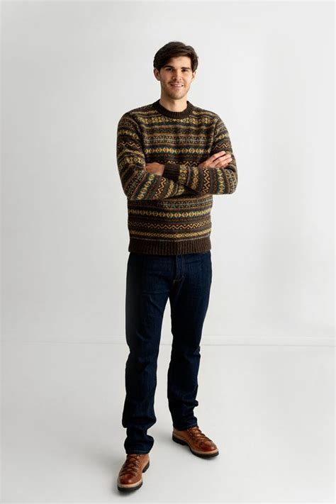 Mens Fair Isle Kinnaird Jumper In Olive Brown With Teal Camel And