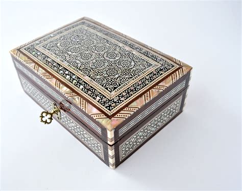 Inlaid Mother Of Pearl Jewelry Wooden Box Mosaic Trinket Vintage