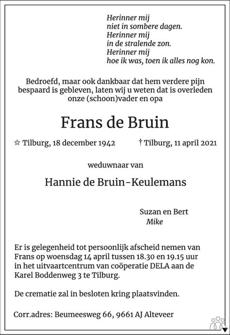 Frans De Bruin 11 04 2021 Overlijdensbericht En Condoleances