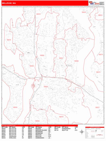 Bellevue Washington Zip Code Wall Map Red Line Style By Marketmaps