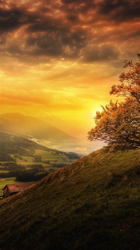 Wallpaper Beautiful Sunset Mountain Slope Tree Clouds Houses