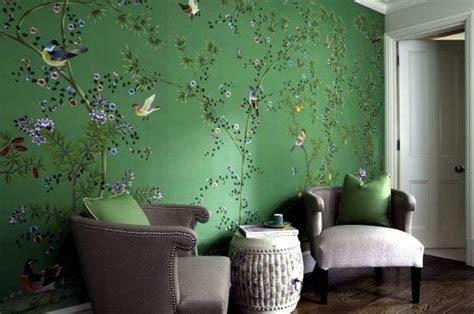 Feature Wall With Hand Painted Chinese Silk Wallpaper With Chinoiserie