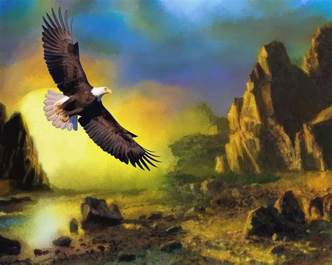 Download Sunset Landscape Painting Bird Animal Bald Eagle Hd Wallpaper