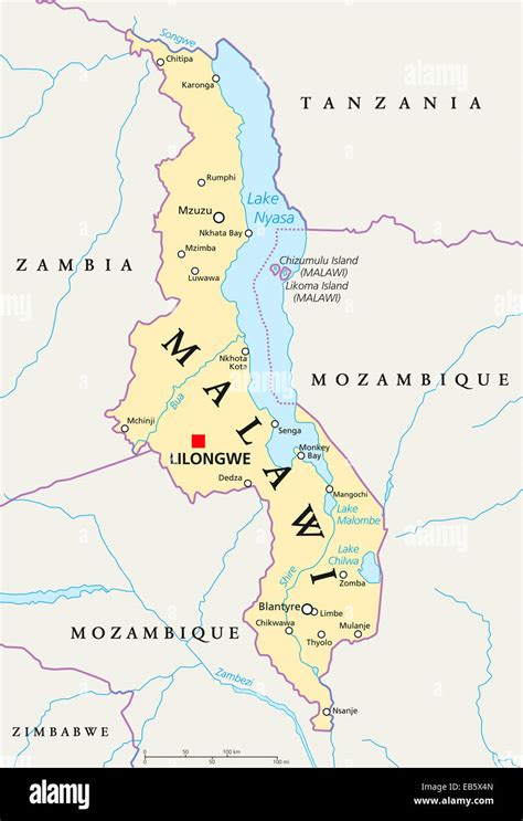 Malawi Political Map With Capital Lilongwe National Borders Important