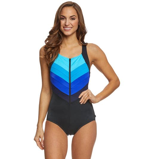 reebok flying high women s front zip high neck chlorine resistant one piece swimsuit at