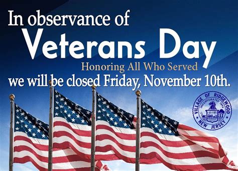 Village Of Ridgewood Offices Will Be Closed On Friday November 10th In