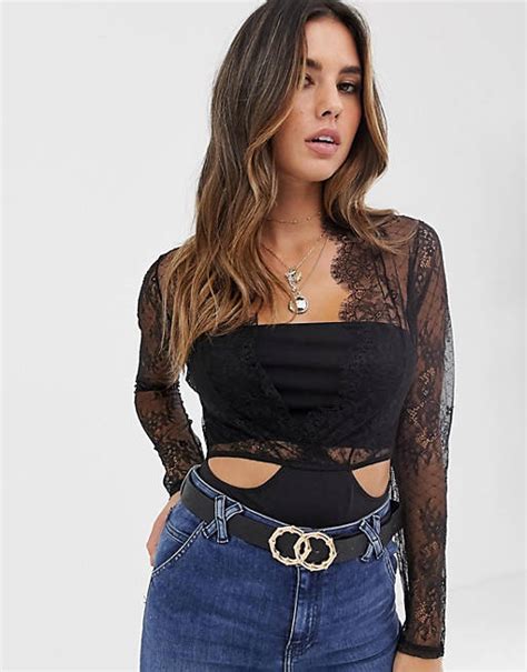Asos Design Cleotha Long Sleeve Delicate Lace And Jersey Bodysuit Asos