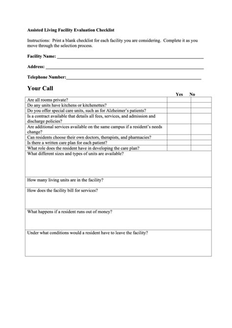 Assisted Living Facility Evaluation Checklist Template Printable Pdf Download