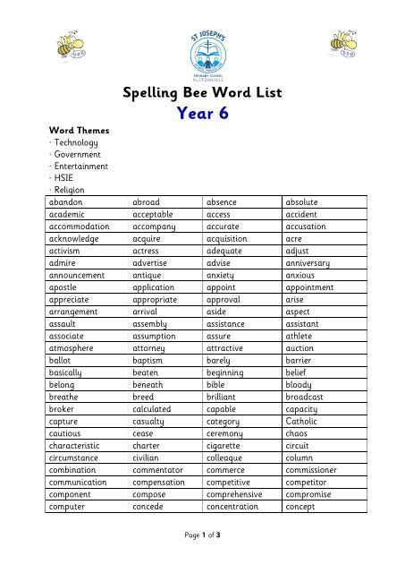 Spelling Bee Word List Year 6