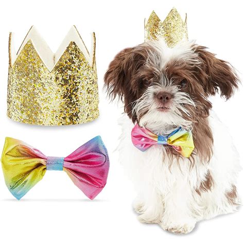 Pet Birthday Crown Hat Cap And Bow Tie Collar Set For Dogs Cats Festive