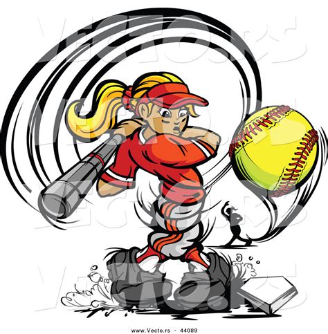 Vector Of A Competitive Cartoon Female Baseball Player Swinging Bat And