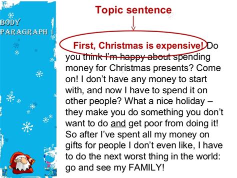 Then the topic sentence indicates that this paragraph will it's important to consider not only what type of diet we eat, but where our food comes from and how it is produced. Christmas five-paragraph-essay