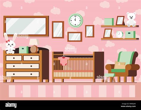 Cozy Girl S Baby Room Interior Pink Color Background Vector Interior