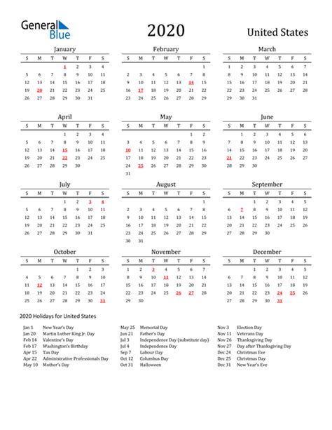 2020 Holiday Calendar Usa Free Printable Free 2020 Printable