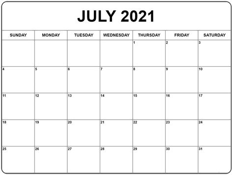 2021 July Blank Calendar Calendar Dream