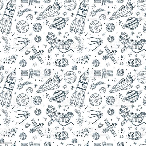Hand Drawn Space Doodle Vector Seamless Pattern Stock